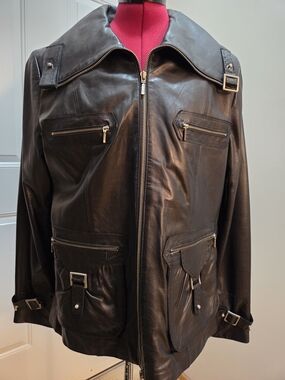 Women's Black Leather Zip-Up Jacket with Buckle Details